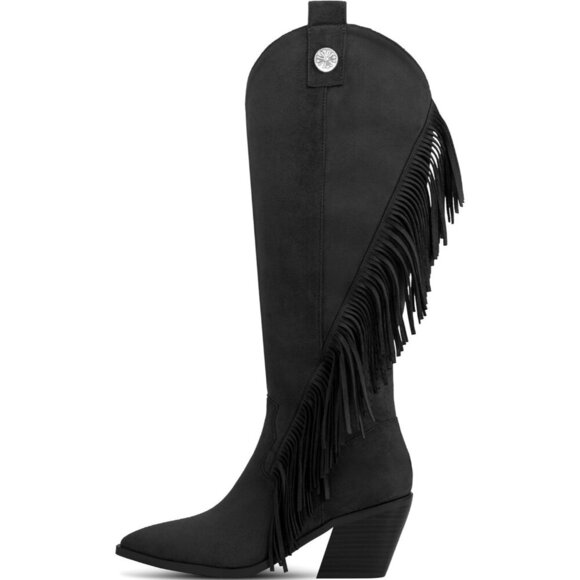 Women's Black Faux Suede Classic Knee High Boots Chunky Heel Pointed Toe - Picture 2 of 5